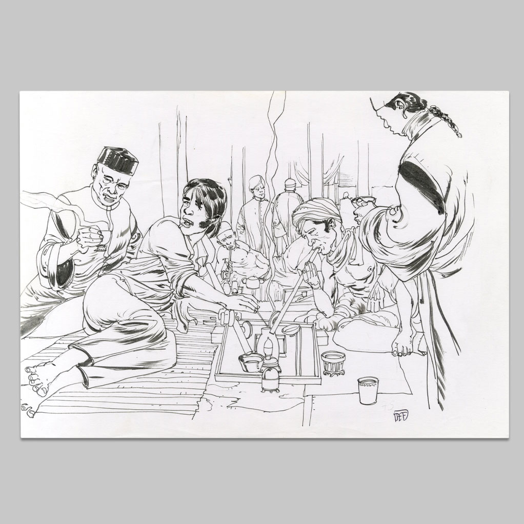 Illustration hommes fument opium